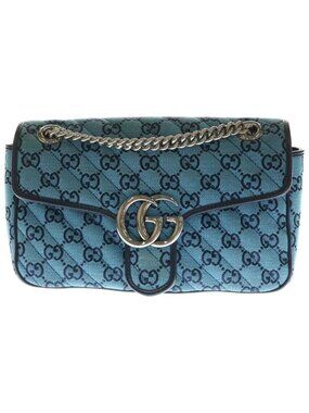 Gucci GG Marmont Shoulder Bag Chain Bag Blue Navy Leather Jacquard Silver